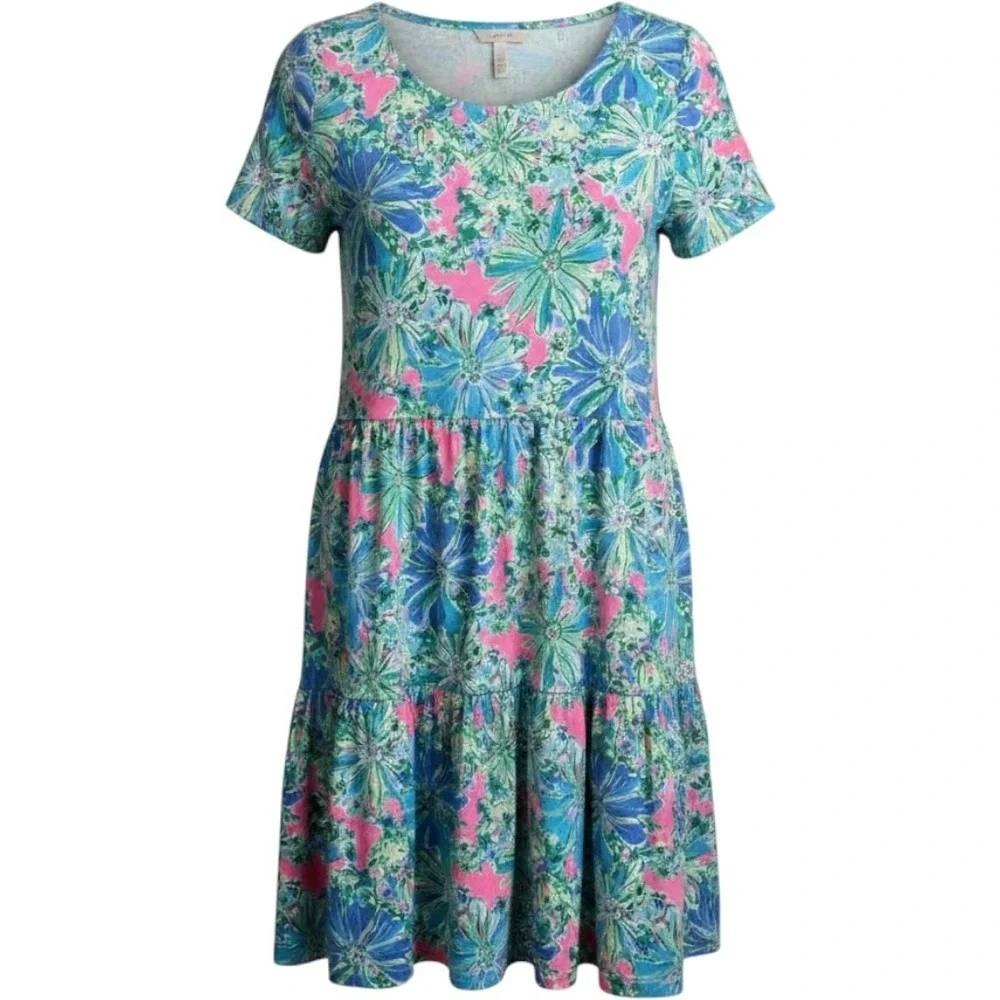 Lilly Pulitzer Cotton Tiered Short Sleeve T-Shirt Dress Floral Pink Green Large